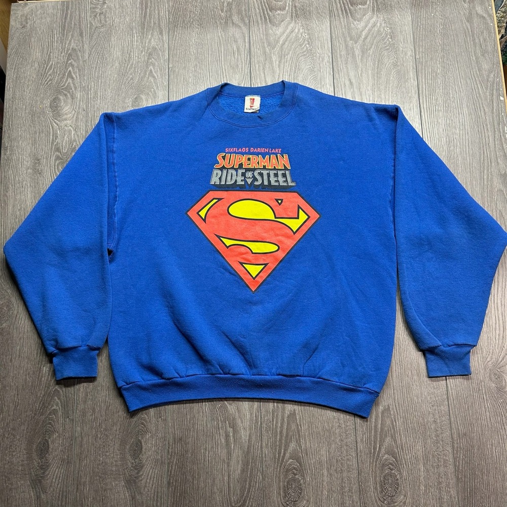 Vintage 1999 Six Flags Superman Ride of Steel Sweatshirt Blue XL DC Comics